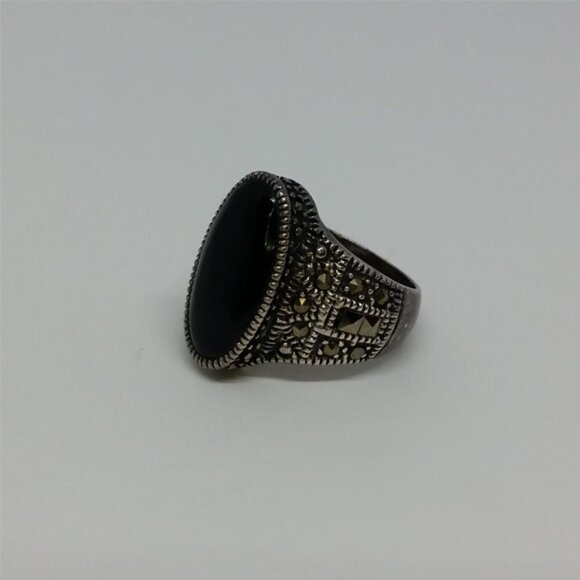 Vintage sterling silver large black gemstone center ring with marcasite details - Picture 4 of 7